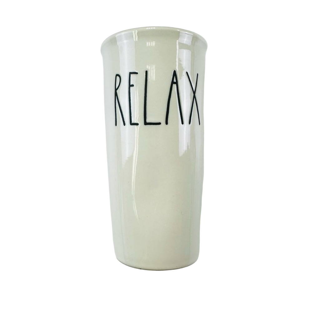 Rae Dunn Relax ceramic beverage tumbler with lid